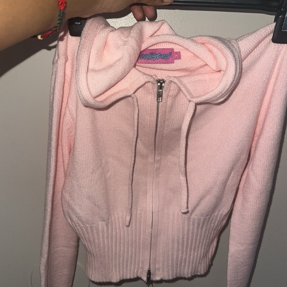 Pink Zip-Up Knitted Cardigan Sweater with Hoodie